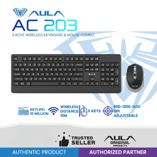 Aula AC203 2.4ghz Wireless Keyboard & Mouse | 2.4GHz USB 800-1200-1600 DPI Keyboard & Mouse