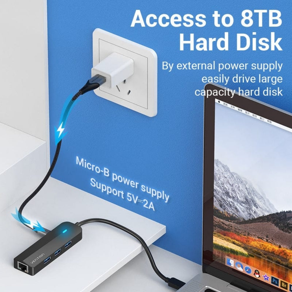 Vention TGPBB  5in1 USB-C Hub 3.0x3/RJ45 Micro B 0.15M Black