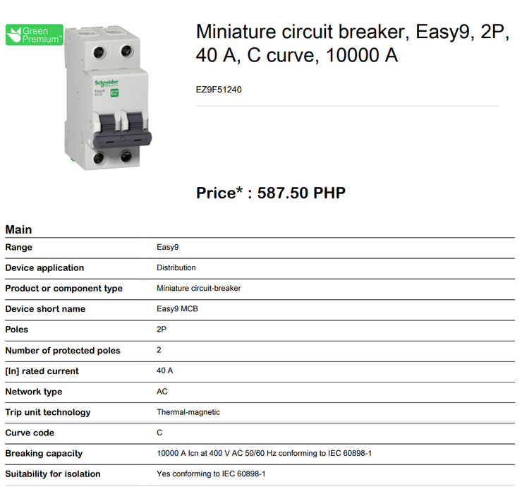 Schneider Easy9 IEC 2P 40A C DIN-Rail Type Miniature Circuit Breaker 230V 10kAIC (EZ9F51240)