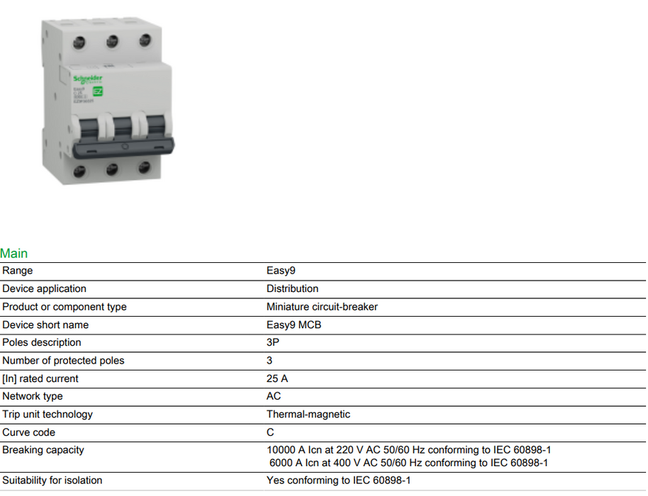 Schneider Easy9 IEC 3P 25A C DIN-Rail Type Miniature Circuit Breaker 400V 6kAIC EZ9F56325