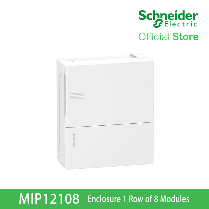 Schneider Enclosure, Resi9 MP Surface 1 Row of 8 Modules IP40 White Door 1 Earth + 1 Neutral Terminal Blocks MIP12108