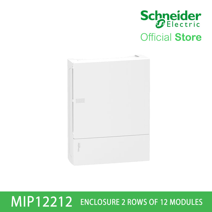 Schneider Enclosure Resi9 MP Surface 2 Rows of 12 Modules IP40 White Door 1 Earth + 1 Neutral Terminal Blocks MIP12212