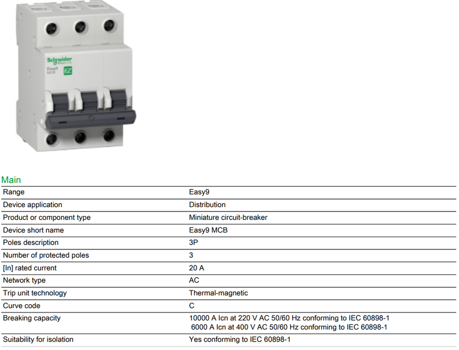 Schneider Easy9 IEC 3P 20A C DIN-Rail Type Miniature Circuit Breaker 400V 6kAIC EZ9F56320