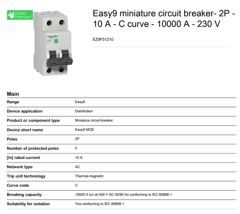 Schneider Easy9 IEC 2P 10A C DIN-Rail Type Miniature Circuit Breaker 230V 10kAIC (EZ9F51210)