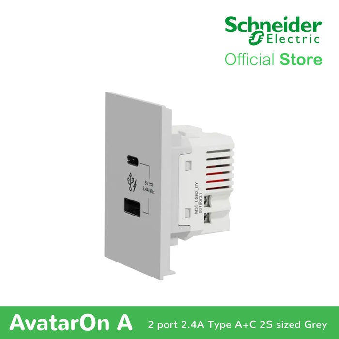 Schneider AvatarOn A 2 USB port 5 V AC-DC USB Charger outlet - GREY M3T-USB2-GY | USB Outlet