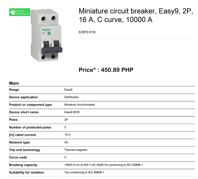 Schneider Easy9 IEC 2P 16A C DIN-Rail Type Miniature Circuit Breaker 230V 10kAIC (EZ9F51216)