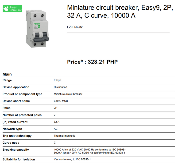 Schneider Easy9 IEC 2P 32A C DIN-Rail Type Miniature Circuit Breaker 230V 6kAIC EZ9F56232