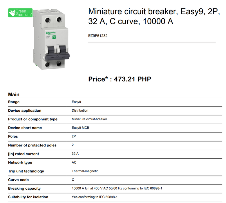 Schneider Easy9 IEC 2P 32A C DIN-Rail Type Miniature Circuit Breaker 230V 10kAIC (EZ9F51232)