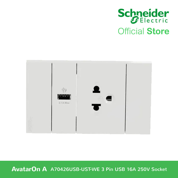 Schneider AvatarOn A 16A 250V 3 Pin USB Charger Universal Socket White A70426USB-UST-WE | Switch Outlet