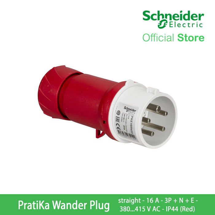 Schneider PratiKa Wander Plug - Straight - 16 A - 3P + N + E - 380...415 V AC - IP44 Red PKE16M435