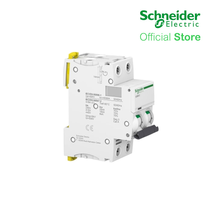 Schneider Acti9 IEC, 2-Pole 63A DIN-Rail Type Circuit Breaker 230/400V 10 KAIC (A9F74263)