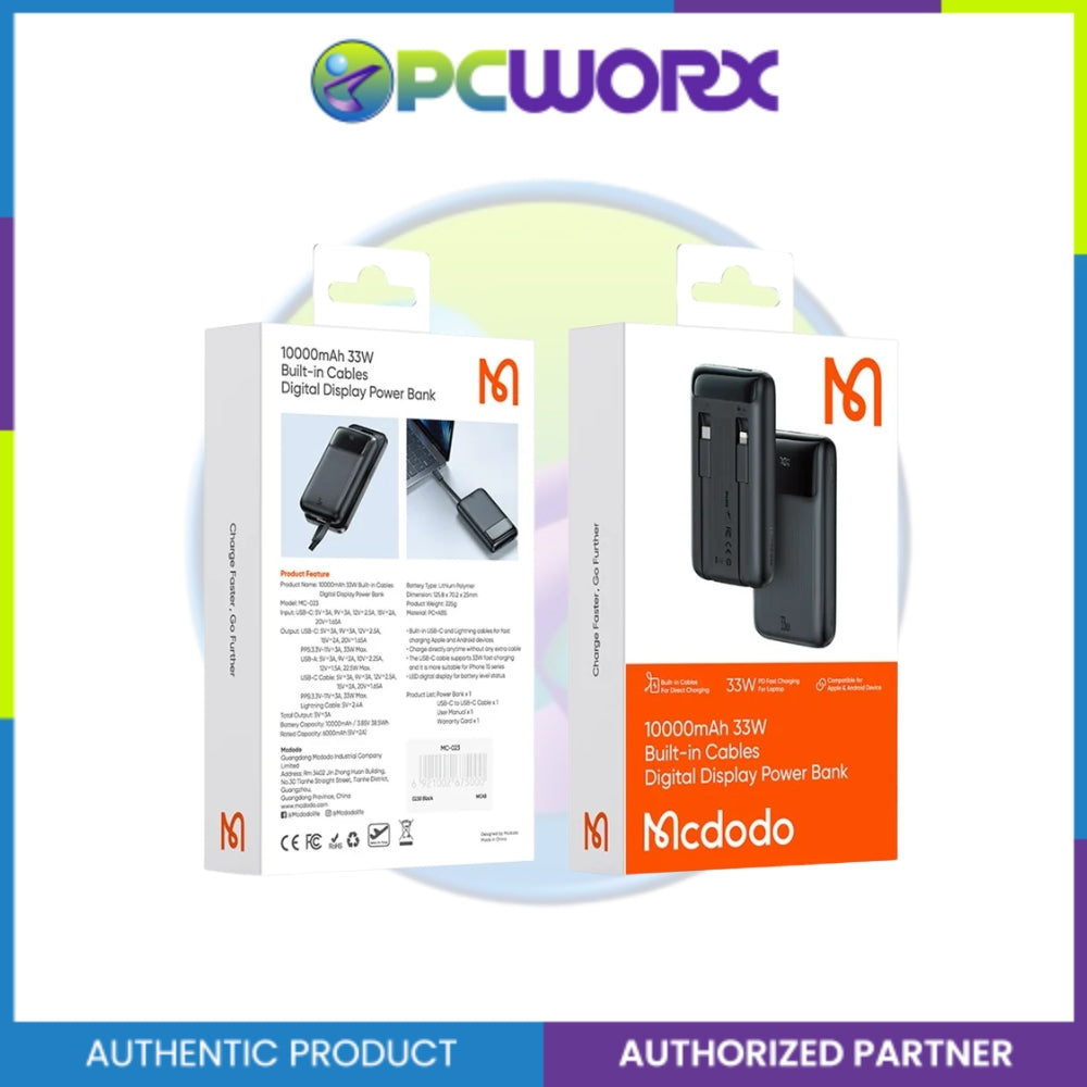 Mcdodo MC-0231 33W Built-in Cables Digital Display 10000mAh Power Bank Black