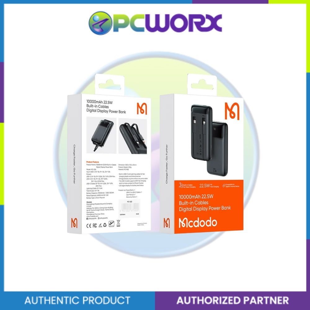 Mcdodo MC-0241 22.5W Built-in Cables Digital Display 10000mAh Power Bank Black