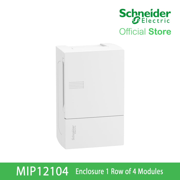 Schneider Enclosure Resi9 MP Surface 1 row of 4 Modules IP40 White Door 1 Earth + 1 Neutral Terminal Blocks MIP12104