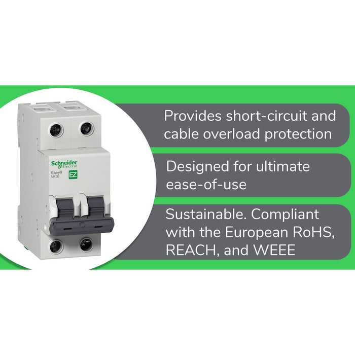 Schneider Easy9 IEC 2P 10A C DIN-Rail Type Miniature Circuit Breaker 230V 6kAIC (EZ9F56210)