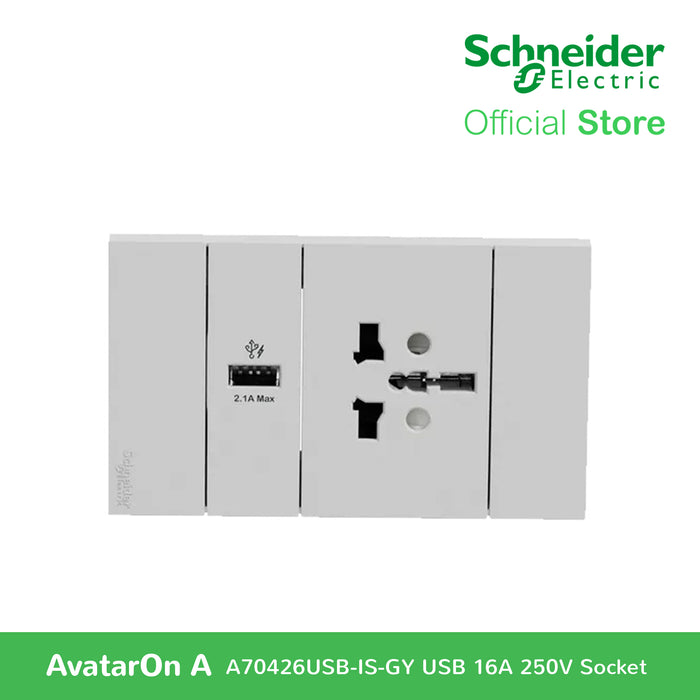 Schneider AvatarOn A 16A 250V International Socket with USB Charger Grey A70426USB-IS-GY