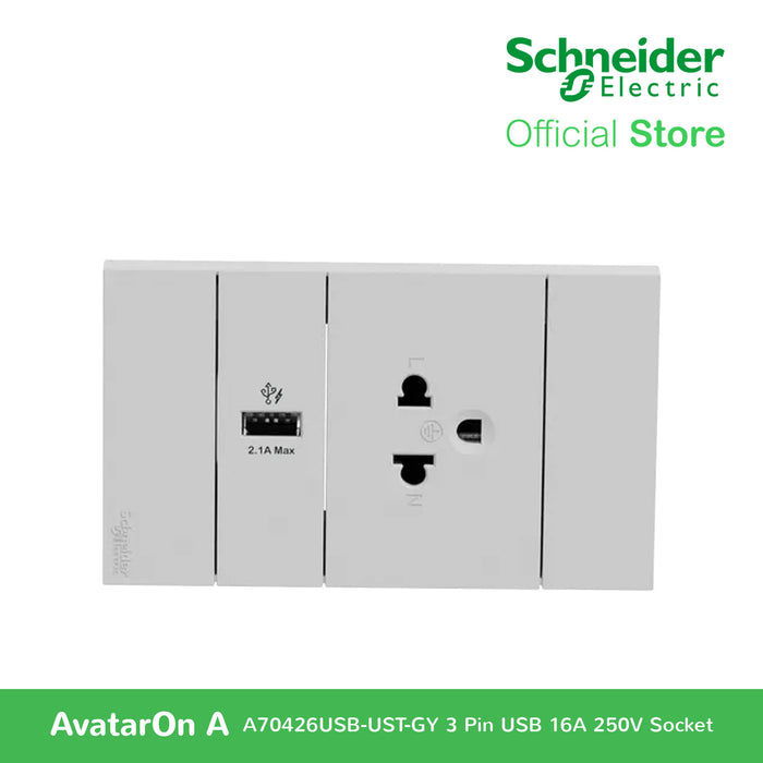 Schneider AvatarOn A 16A 250V 3 Pin USB Charger Universal Socket Grey A70426USB-UST-GY