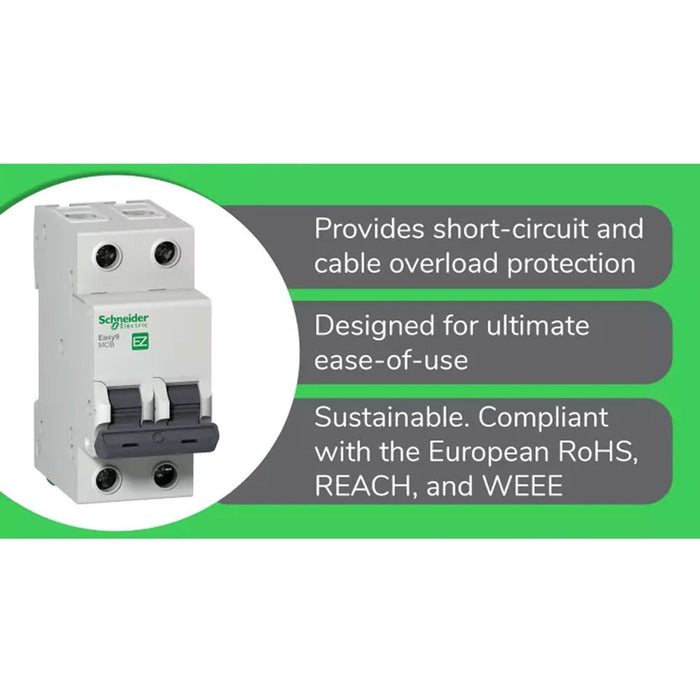 Schneider Easy9 IEC 2P 63A C DIN-Rail Type Miniature Circuit Breaker 230V 6kAIC EZ9F56263