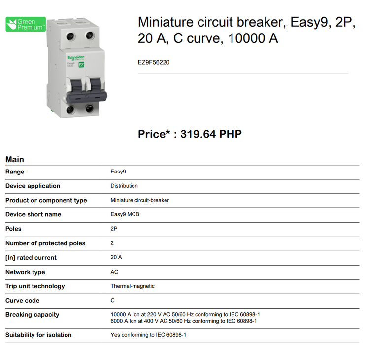 Schneider Easy9 IEC 2P 20A C DIN-Rail Type Miniature Circuit Breaker 220/400V 10kAIC EZ9F56220