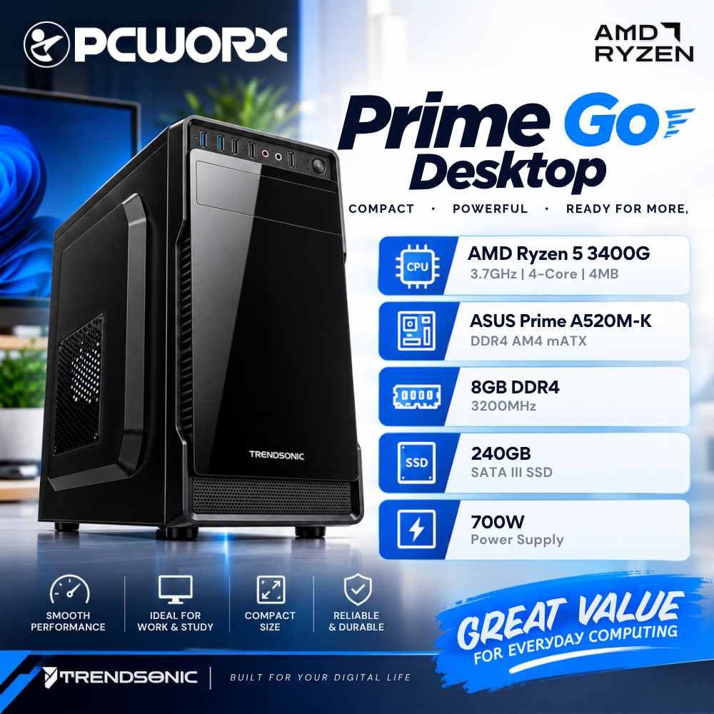 PrimeGo Desktop — Ryzen 5 3400G | 8GB RAM | 256GB SSD | 700W