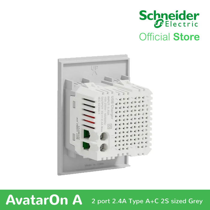 Schneider AvatarOn A 2 USB port 5 V AC-DC USB Charger outlet - GREY M3T-USB2-GY | USB Outlet