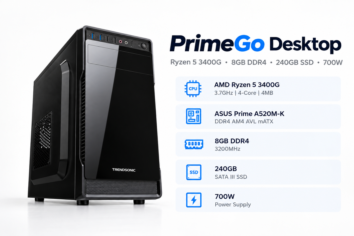 PrimeGo Desktop — Ryzen 5 3400G | 8GB RAM | 256GB SSD | 700W