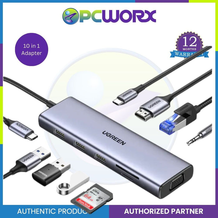 Ugreen CM498 15601 10in1 USB-C To 3USB 3.0 A+HDMI+VGA+RJ45 Gigabit+SD/TF+AUX3.5m