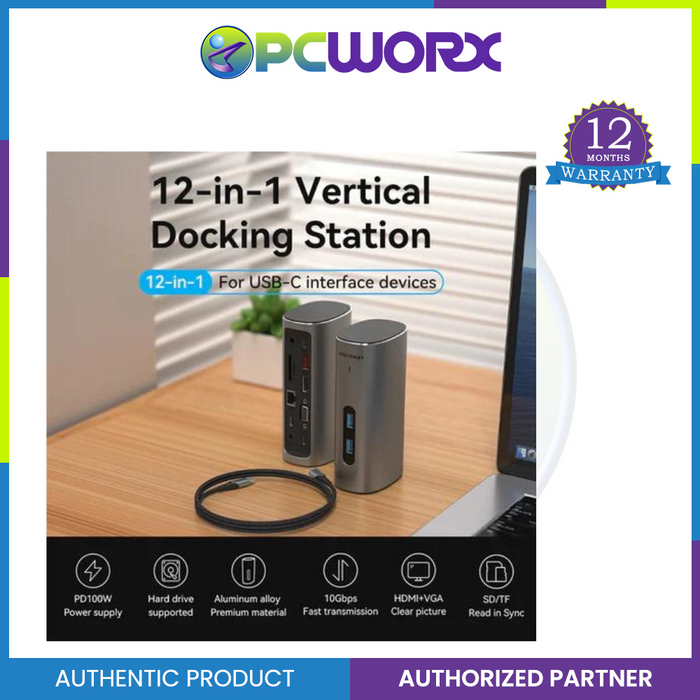 Vention TPJH0-US 12-in-1 Vertical Hub Docking Station USB-C to 4K HDMI VGA