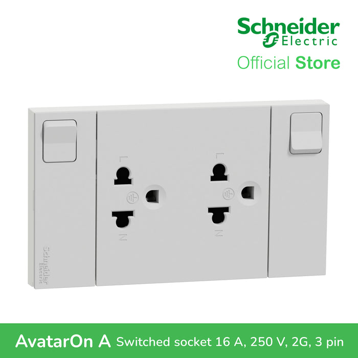 Schneider AvatarOn A Switched Socket Universal 16 A, 250 V, 2G, 3 pin, Grey M3T-SIS-GY | Switch Outlet