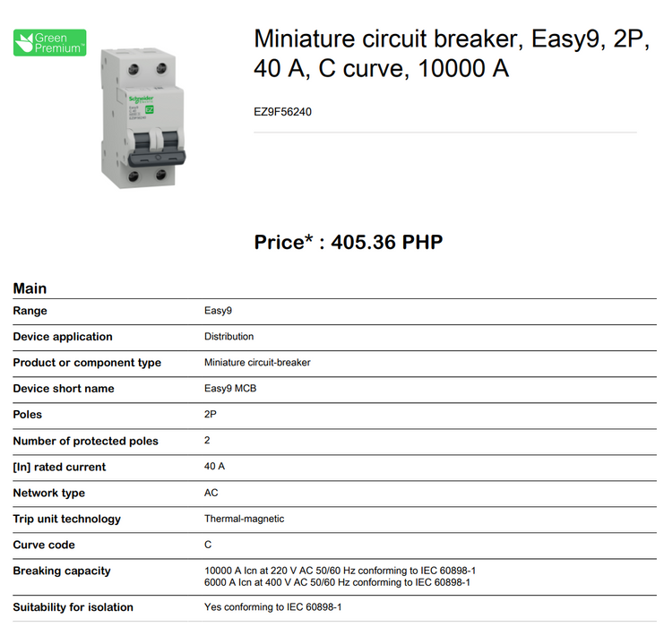 Schneider Easy9 IEC 2P 40A C DIN-Rail Type Miniature Circuit Breaker 230V 6kAIC EZ9F56240