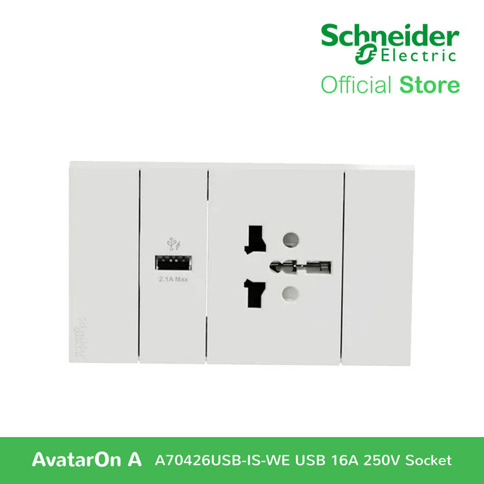 Schneider AvatarOn A 16A 250V USB Charger International Socket White A70426USB-IS-WE