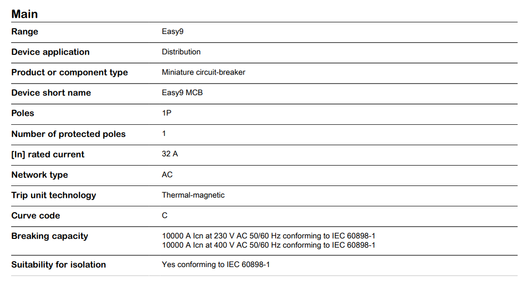 Schneider Easy9 IEC 1P 32A C DIN-Rail Type Miniature Circuit Breaker 230V 10kAIC (EZ9F51132)