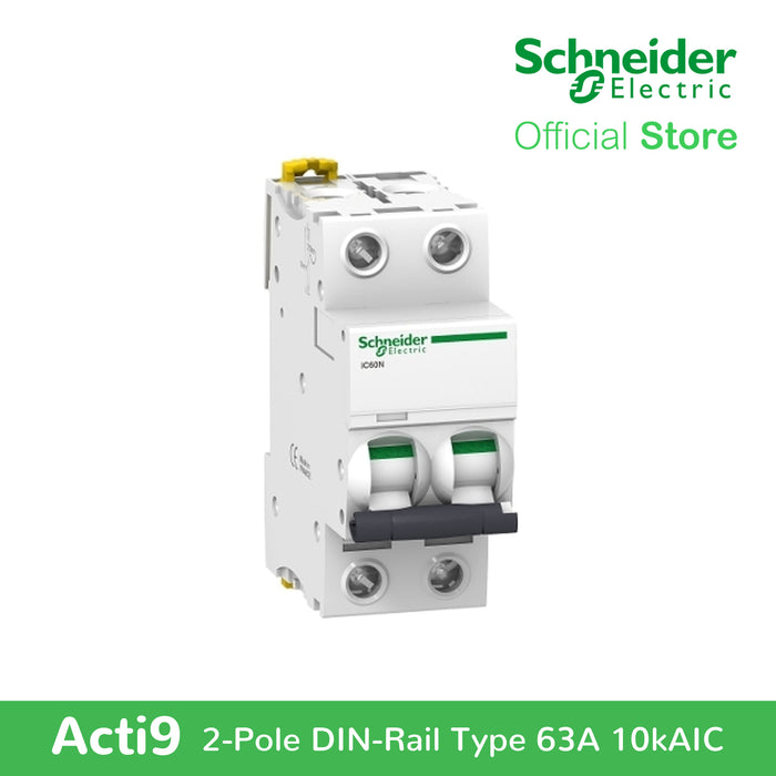 Schneider Acti9 IEC, 2-Pole 63A DIN-Rail Type Circuit Breaker 230/400V 10 KAIC (A9F74263)