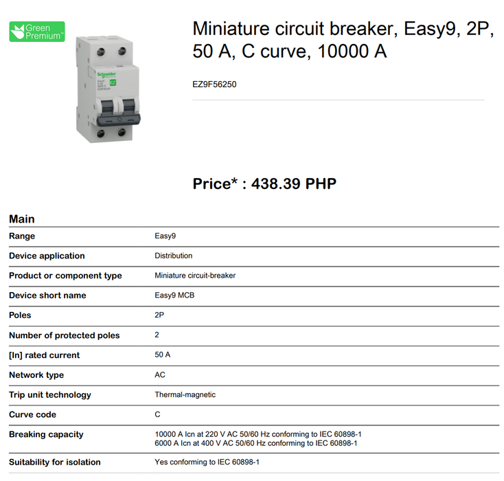 Schneider Easy9 IEC 2P 50A C DIN-Rail Type Miniature Circuit Breaker 230V 6kAIC EZ9F56250