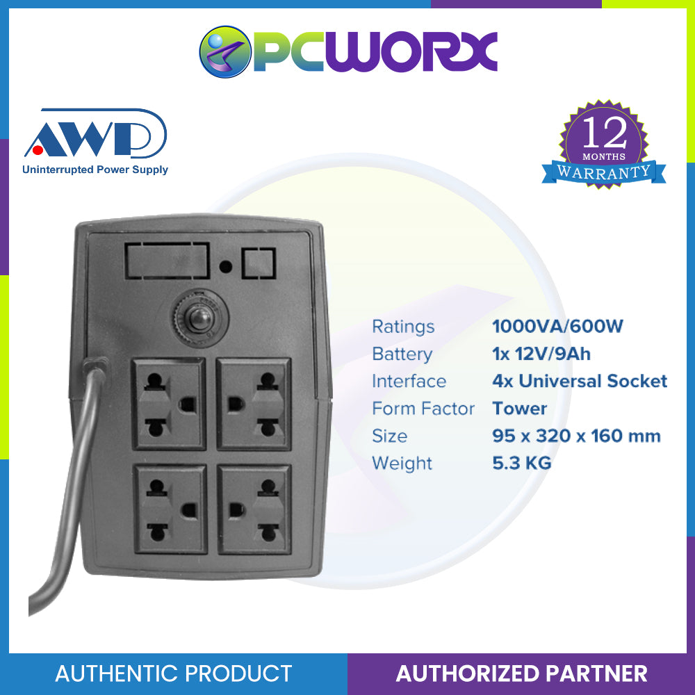 AWP AID1000 Aide 600W/1000VA UPS with AVR Uninterruptible Power Supply (4 Sockets)